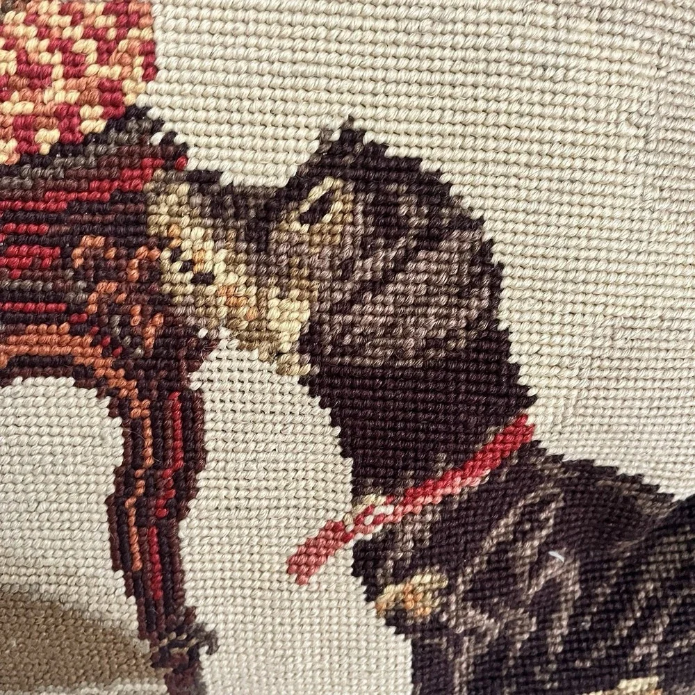 Vintage needlepoint pillow dachshund King Charles Spaniel tassel velvet 16x16